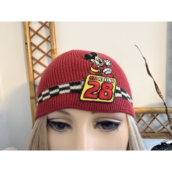 Vintage Mickey Mouse Red XS Beanie Auto Racing 28‎ Flag Checkers Hat Cap Unisex main image 11